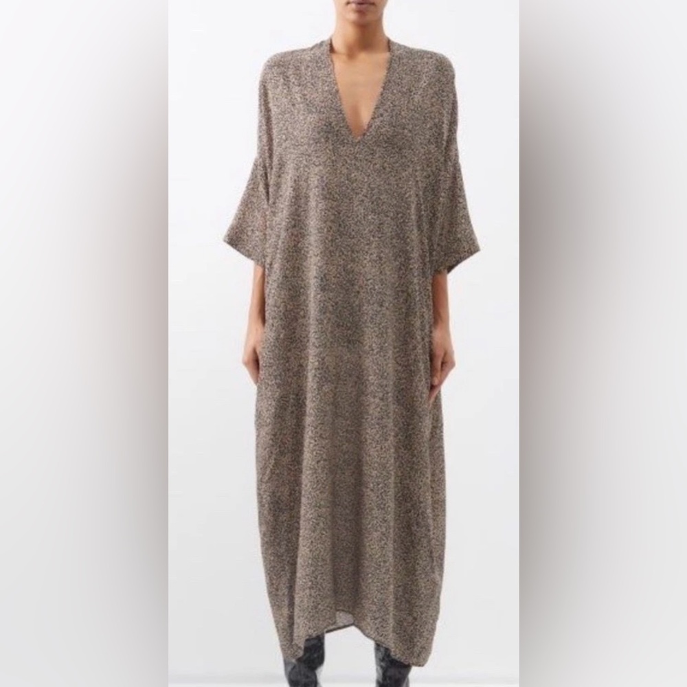 Raey 100% Silk V Neck Dress Tan And Black Print S/ M Designer Luxurious Kaftan